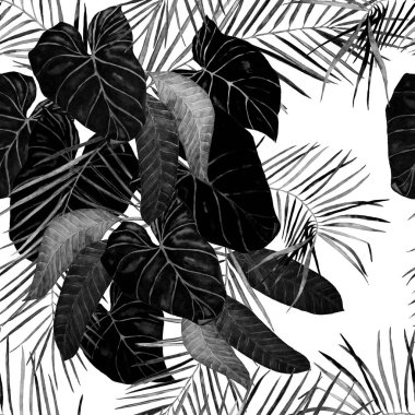 Soyut dekoratif, dikişsiz, suluboya tropikal yapraklı desen. Renkli el çizimi çizimi. Antika egzotik baskı.