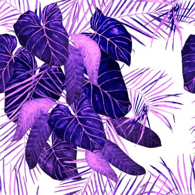 Soyut dekoratif, dikişsiz, suluboya tropikal yapraklı desen. Renkli el çizimi çizimi. Antika egzotik baskı.