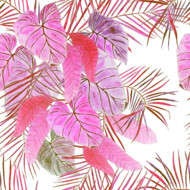 Soyut dekoratif, dikişsiz, suluboya tropikal yapraklı desen. Renkli el çizimi çizimi. Antika egzotik baskı.