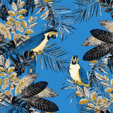 Sulu tropikal yapraklar ve papağan papağanları olan soyut dekoratif, pürüzsüz desen. Renkli el çizimi çizimi. Tropik yaz baskısı.