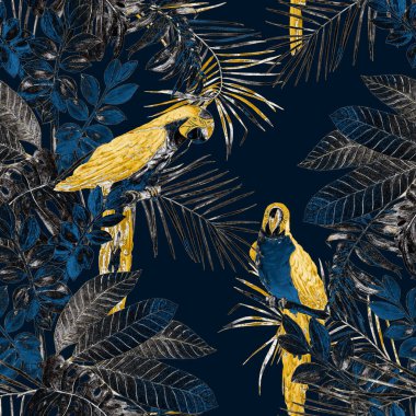 Sulu tropikal yapraklar ve papağan papağanları olan soyut dekoratif, pürüzsüz desen. Renkli el çizimi çizimi. Tropik yaz baskısı.