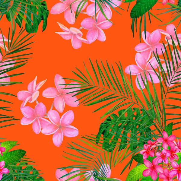 Süslü, dikişsiz ve suluboya tropikal çiçekli bir baba. Plumeria 'da. Renkli yaz doğa arka planı.