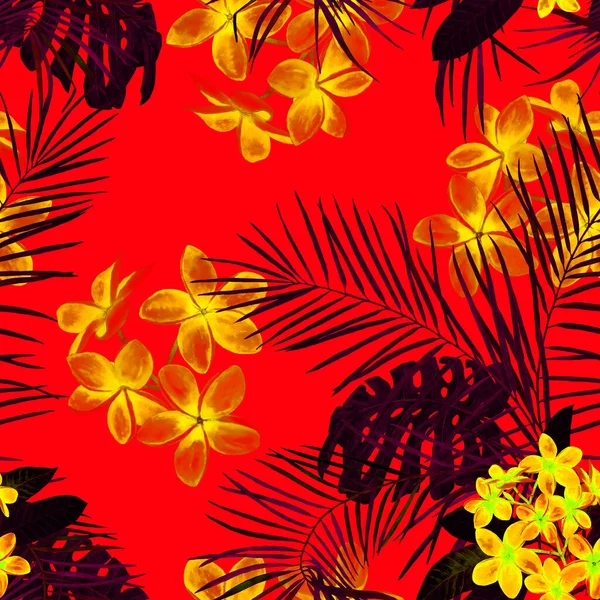 水彩熱帯の花と装飾的な花のシームレスなパターン プルメリア カラフルな夏の自然背景 — ストック写真