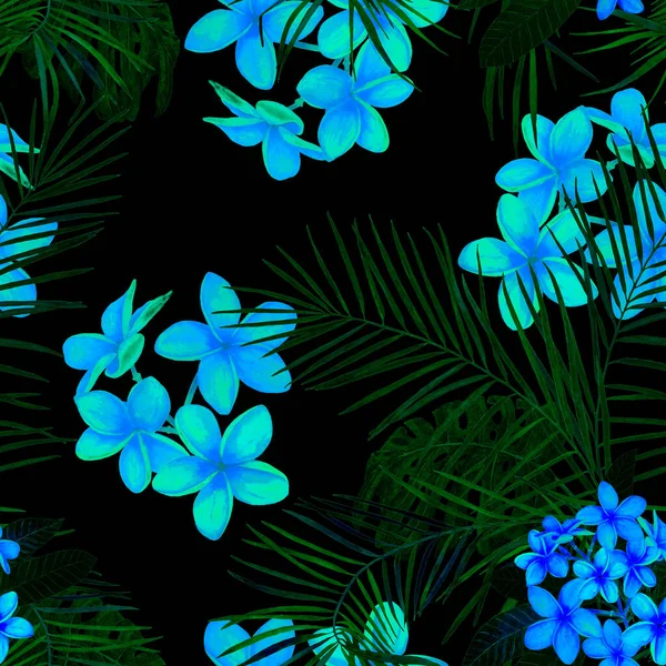 Süslü, dikişsiz ve suluboya tropikal çiçekli bir baba. Plumeria 'da. Renkli yaz doğa arka planı.