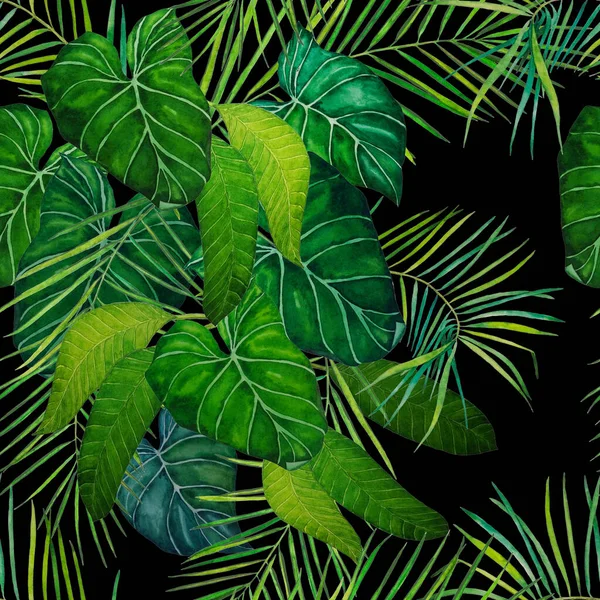 Abstract decorative seamless pattern with watercolor tropical leaves. Colorful hand drawn illustration. Vintage exotic print.