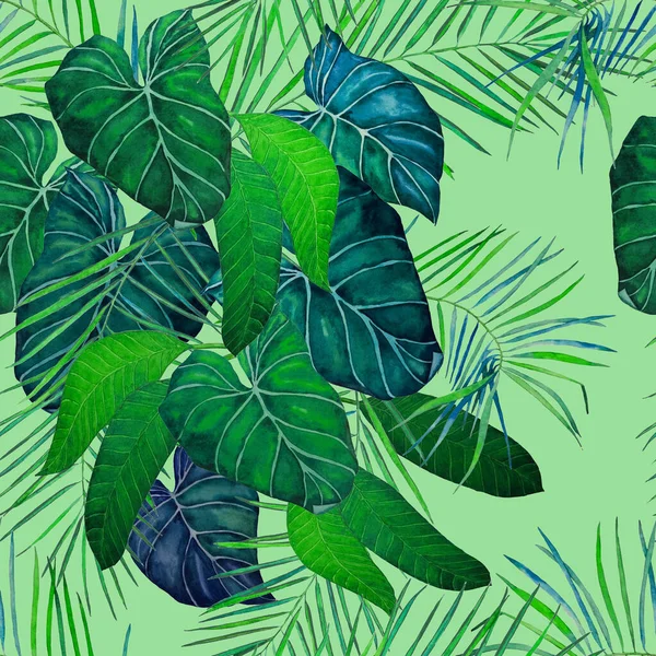 抽象的な装飾的なシームレスなパターン水彩熱帯の葉 カラフルな手描きイラスト ヴィンテージエキゾチックな Print — ストック写真