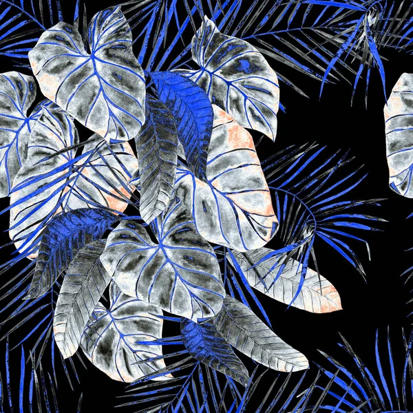 Abstract decorative seamless pattern with watercolor tropical leaves. Colorful hand drawn illustration. Vintage exotic print.