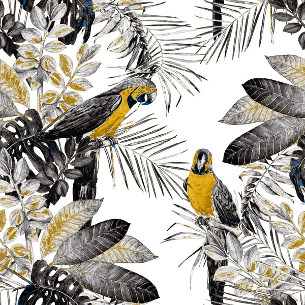 Abstraktní Dekorativní Bezešvý Vzor Akvarelem Tropických Listů Papoušků Macaw Barevné — Stock fotografie