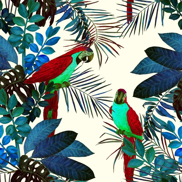 Patrón Sin Costura Decorativo Abstracto Con Hojas Tropicales Acuarela Loros — Foto de Stock