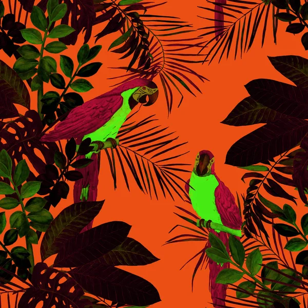 抽象的な装飾的なシームレスなパターンと水彩熱帯の葉とマコーのオウム カラフルな手描きイラスト 熱帯夏 Print — ストック写真