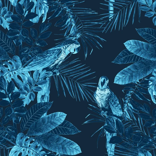 Padrão Sem Costura Decorativo Abstrato Com Folhas Tropicais Aquarela Papagaios — Fotografia de Stock