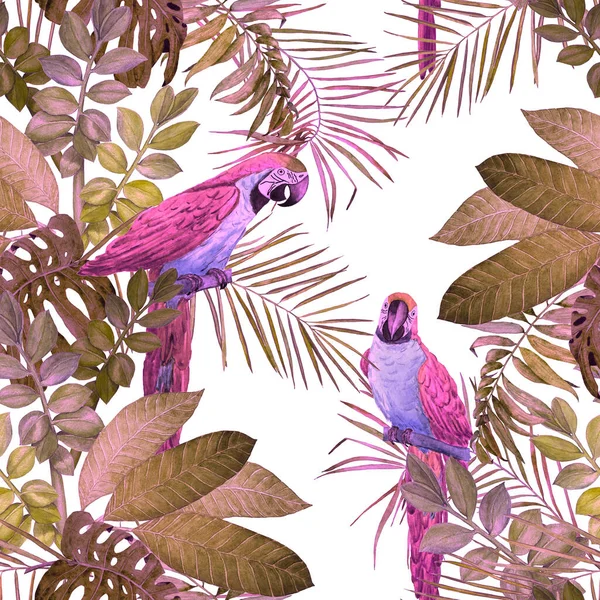 抽象的な装飾的なシームレスなパターンと水彩熱帯の葉とマコーのオウム カラフルな手描きイラスト 熱帯夏 Print — ストック写真