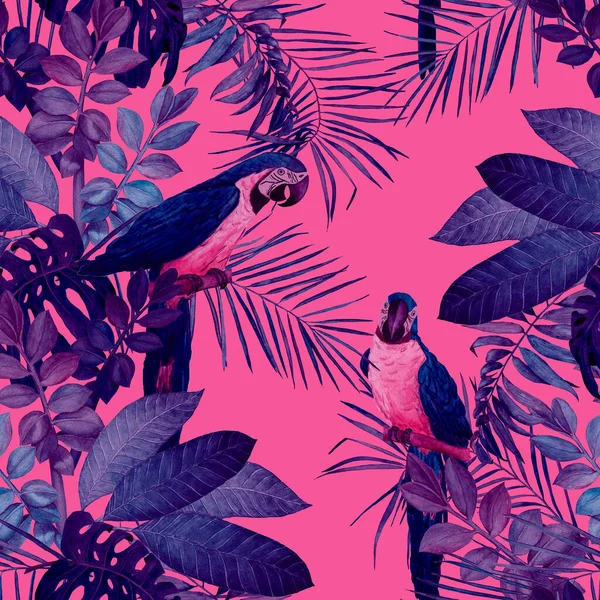 摘要水彩斑斓的热带树叶和鹦鹉的装饰无缝图案 色彩艳丽的手绘插图 热带夏季印刷品 — 图库照片