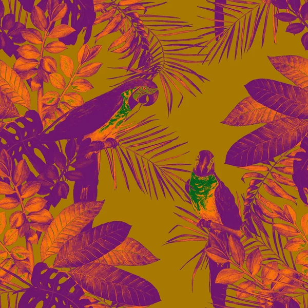 Абстрактний Декоративний Безшовний Візерунок Акварельними Тропічними Листям Папугами Макави Барвиста — стокове фото