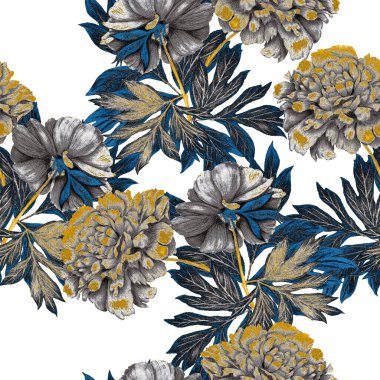 Çiçeksiz desenli, çiçek açan şakayıklar. Romantik botanik baskısı. El çizimi boya kalemi çizimi.