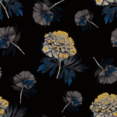 Çiçeksiz desenli, çiçek açan şakayıklar. Romantik botanik baskısı. El çizimi boya kalemi çizimi.