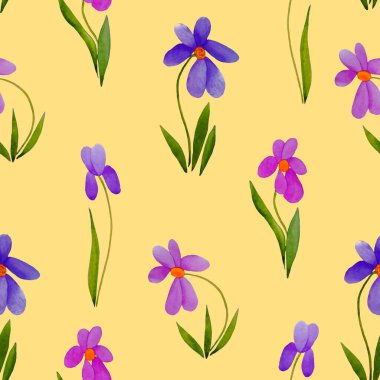 Süslü çiçeklerle süslü, dikişsiz desenli suluboya çiçekler. Renkli doğa geçmişi. Güzel bir yaz baskısı. Herhangi bir tasarım için.