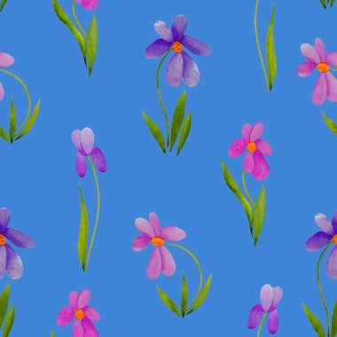 Süslü çiçeklerle süslü, dikişsiz desenli suluboya çiçekler. Renkli doğa geçmişi. Güzel bir yaz baskısı. Herhangi bir tasarım için.