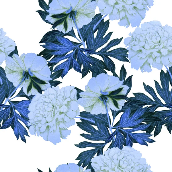 美しい開花牡丹と花のシームレスなパターン ロマンチックな植物プリント 手描きクレヨンイラスト — ストック写真