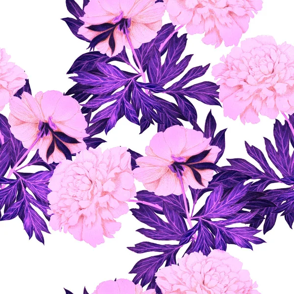 Квітковий Безшовний Візерунок Красивими Квітучими Півоніями Романтичний Ботанічний Принт Рука — стокове фото