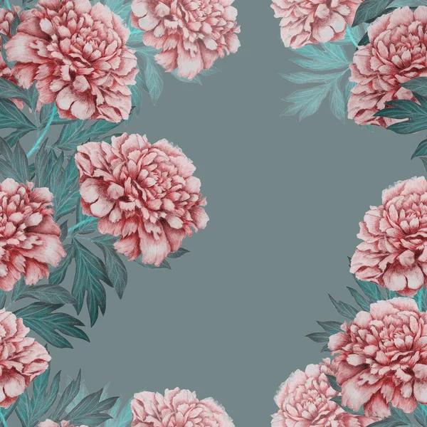Floral seamless pattern with beautiful blooming peonies . Romantic botanical print. Hand drawn crayon illustration.