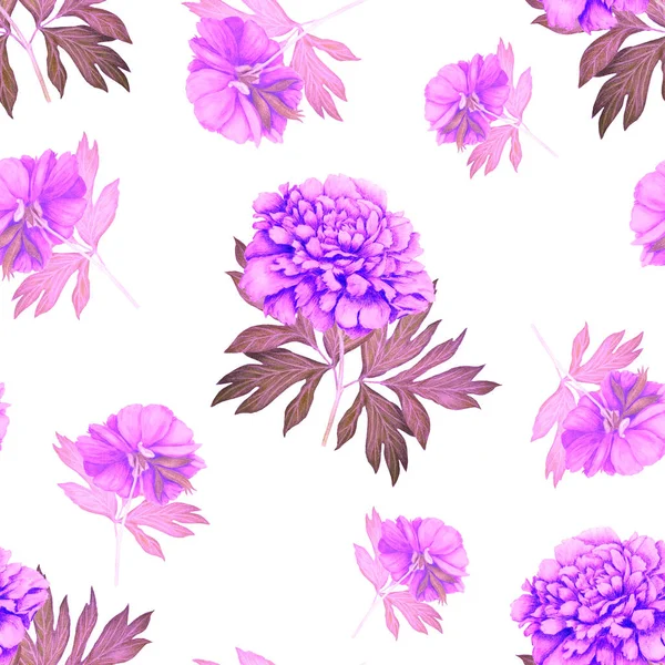 Floral Seamless Pattern Beautiful Blooming Peonies Romantic Botanical Print Hand — Stock Photo, Image