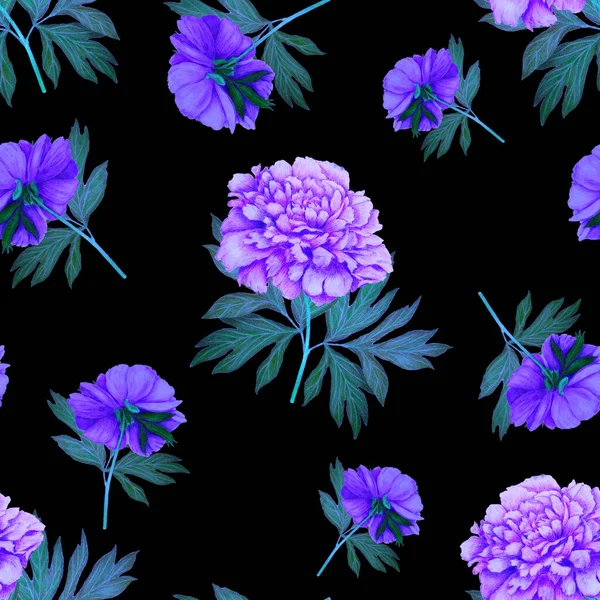 Floral Seamless Pattern Beautiful Blooming Peonies Romantic Botanical Print Hand — Stock Photo, Image