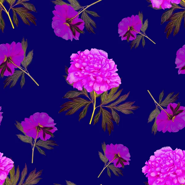 美しい開花牡丹と花のシームレスなパターン ロマンチックな植物プリント 手描きクレヨンイラスト — ストック写真