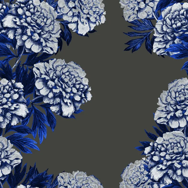 Floral seamless pattern with beautiful blooming peonies . Romantic botanical print. Hand drawn crayon illustration.