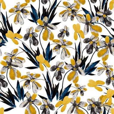 Süslü çiçeklerle süslü, dikişsiz desenli suluboya çiçekler. Renkli doğa geçmişi. Güzel bir yaz baskısı. Herhangi bir tasarım için.