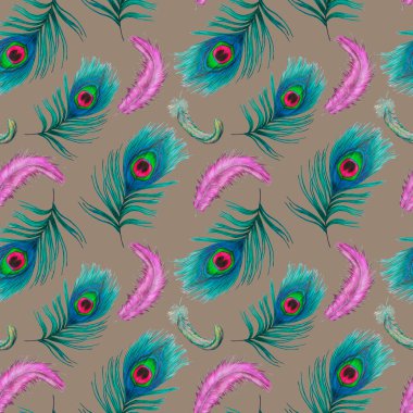 Güzel tüyleri olan dekoratif, pürüzsüz bir desen. Renkli kalemlerle çizilmiş moda resim baskısı.