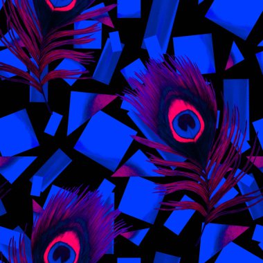 Geometrik arka planda güzel tavus kuşu tüyleri olan dekoratif, pürüzsüz desen. Yaratıcı moda baskı. El boya kalemleriyle çizilmiş..
