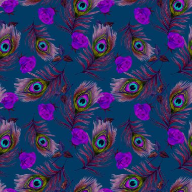 Süssüz desenli, suluboya güller ve tavus kuşu tüyleriyle. Romantik çiçek deseni. Tekstil tasarımı ya da herhangi bir tasarım için.