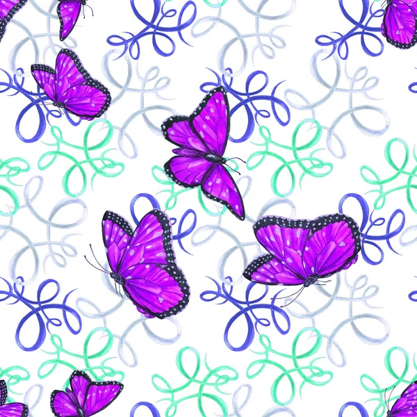 Декоративный Узор Тюленей Акварельными Бабочками Красочный Природный Фон Летний Принт — стоковое фото