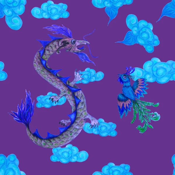 Kreativ Sömlös Mönster Med Handritad Kinesisk Drake Phoenix Fantastiskt Dekorativt — Stockfoto