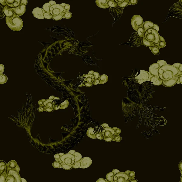 Kreatives Nahtloses Muster Mit Handgezeichnetem Chinesischen Drachen Phönix Fantasievoller Dekorativer — Stockfoto