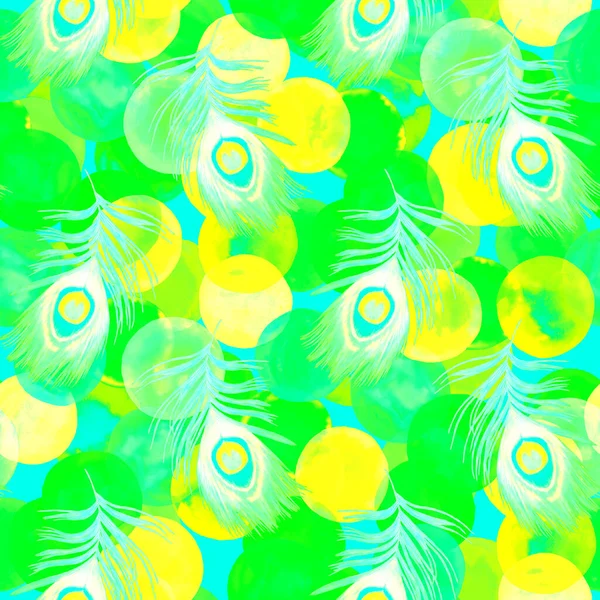Decorative seamless pattern with beautiful peacock feathers. Trendy texture. Hand draw with crayons.