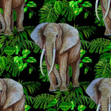 Suluboya kusursuz desenli, tropik arka planda büyük bir fil. Modern tarzda sanat eserleri. Yaratıcı baskı.