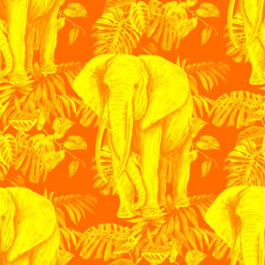 Suluboya kusursuz desenli, tropik arka planda büyük bir fil. Modern tarzda sanat eserleri. Yaratıcı baskı.