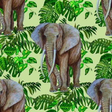 Suluboya kusursuz desenli, tropik arka planda büyük bir fil. Modern tarzda sanat eserleri. Yaratıcı baskı.