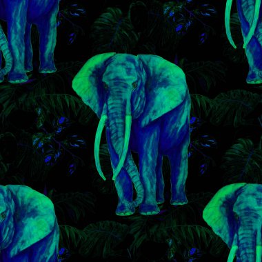 Suluboya kusursuz desenli, tropik arka planda büyük bir fil. Modern tarzda sanat eserleri. Yaratıcı baskı.