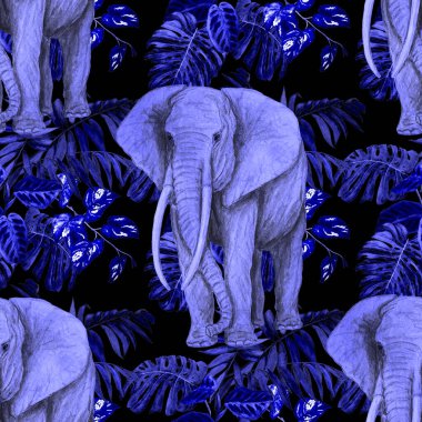 Suluboya kusursuz desenli, tropik arka planda büyük bir fil. Modern tarzda sanat eserleri. Yaratıcı baskı.