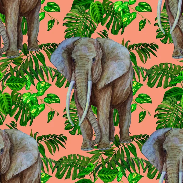 Watercolor seamless pattern with big elephant on tropical background. Artwork in modern style. Creative print.