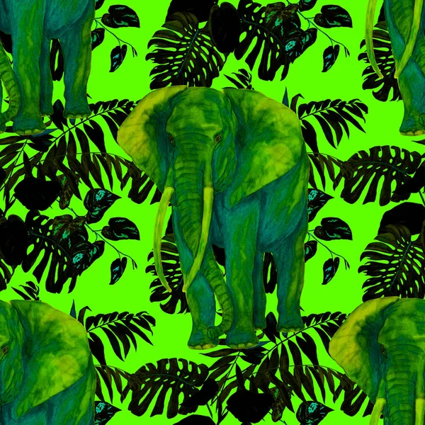 Watercolor seamless pattern with big elephant on tropical background. Artwork in modern style. Creative print.