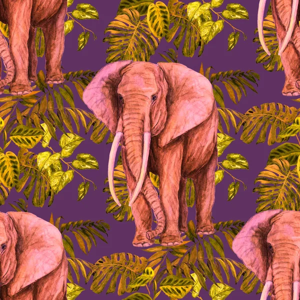 Watercolor seamless pattern with big elephant on tropical background. Artwork in modern style. Creative print.