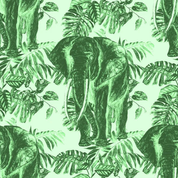 Padrão Sem Costura Aquarela Com Grande Elefante Fundo Tropical Obra — Fotografia de Stock