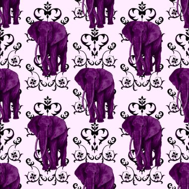 Dekoratif arka planda filler olan dikişsiz suluboya deseni. Modern tarzda sanat eserleri. Yaratıcı bandana baskısı.