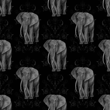 Dekoratif arka planda filler olan dikişsiz suluboya deseni. Modern tarzda sanat eserleri. Yaratıcı bandana baskısı.