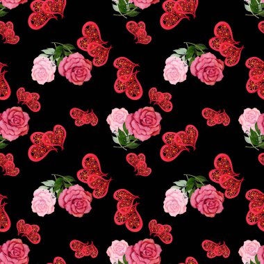 Güller ve dekoratif kalplerle suluboya desenli. Güzel bir düğün baskısı. Herhangi bir tasarım için. 