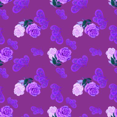 Güller ve dekoratif kalplerle suluboya desenli. Güzel bir düğün baskısı. Herhangi bir tasarım için. 